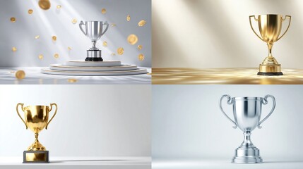 Four shiny trophies gold and silver. Coins fall near one, others sit on surfaces