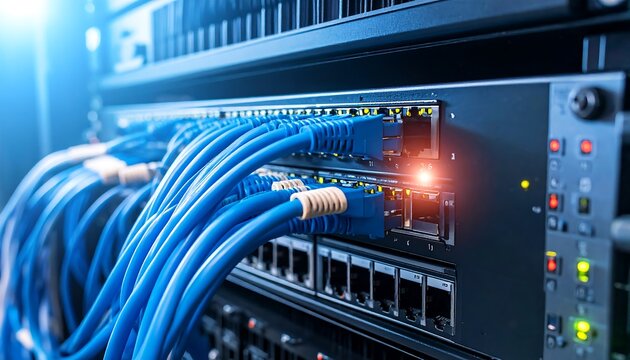 Network switch with blue cables