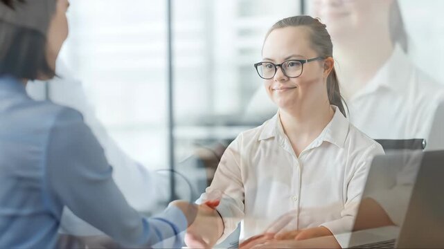 Young woman with down syndrome shaking hands with recruiter at job interview. Inclusive workplace, employment and career concept. World down syndrome day. For corporate diversity banner - Powered by Adobe