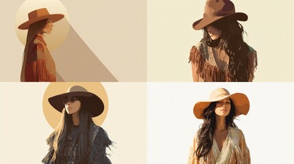 Four digital illustrations showcase diverse woman wearing hats with light and shadow play, desert themes