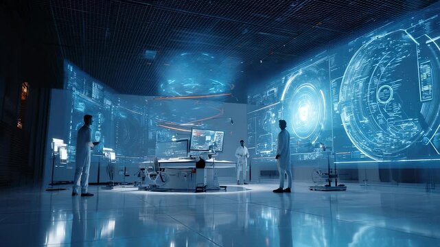 Experts in command center view data hologram. Team collaboration shapes mission. Technology drives visualization, data aids cybersecurity. Team trusts tech, mission needs tight cybersecurity.
