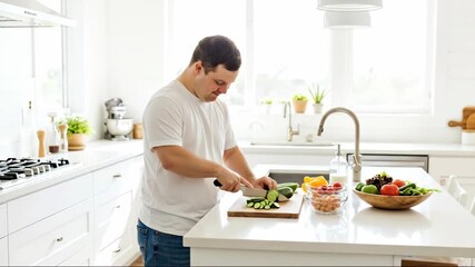 Man with down syndrome cooking healthy meal, chopping cucumbers in modern white kitchen. Independent living, healthy lifestyle and nutrition concept. World down syndrome day. For cooking blog banner