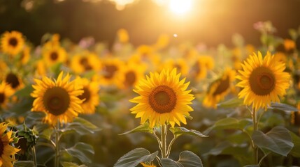 Obraz premium Sunflowers in a field at sunset