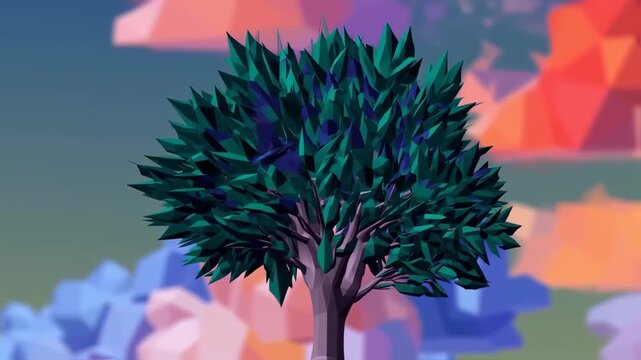Low-poly tree with bird in a soft-focus landscape