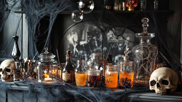 A Halloween bar with black cobwebs, spooky jar drinks, and skull decor .
