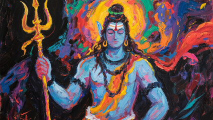Vibrant Portrait of a Divine Figure Holding a Trident with Colorful Abstract Background