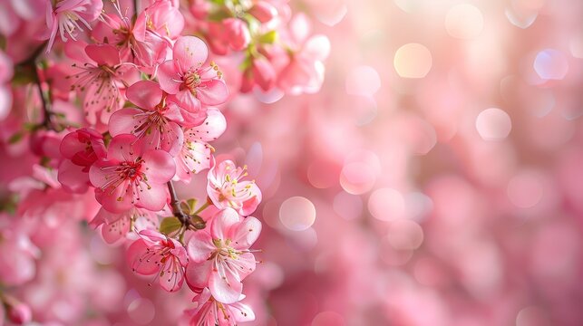 Blossoming Pink flowers with yellow stamen on branch; bokeh lights background shines, soft focus spring scene - Powered by Adobe