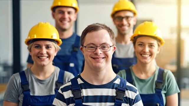 Team of diverse construction workers, including young man with down syndrome, smiling together. Inclusive workplace, teamwork and equality in construction industry concept. For corporate banner