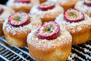 Close-up of several small, round, light-colored cakes topped with a halved passion fruit and dusted with shredded coconut, arranged on a wire rack