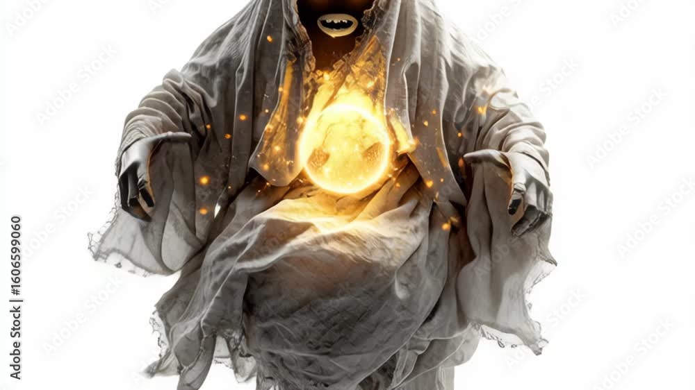 Poster Ethereal ghost figure draped in flowing white fabric, emanating a glowing orb from its chest, surrounded by a mystical aura, creating a captivating and otherworldly atmosphere in the composition