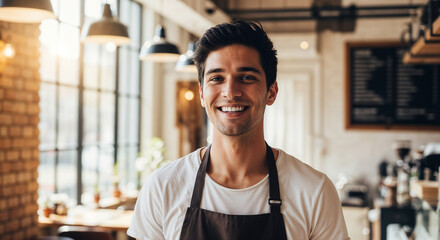 Obraz premium Young male cafe entrepreneur smiling wearing casual clothes and apron in her cafe