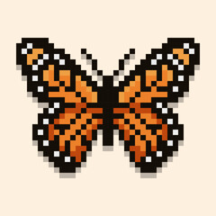 Charming pixel art butterfly illustration, meticulously crafted with vibrant orange and black tones. This delightful monarch butterfly design captures a classic retro aesthetic