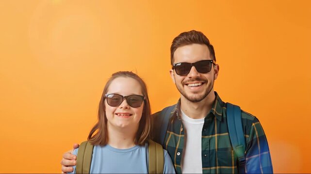 Happy young couple, man and woman with down syndrome, ready for travel with backpacks. Vacation, tourism and inclusion concept. World down syndrome day. For travel agency banner