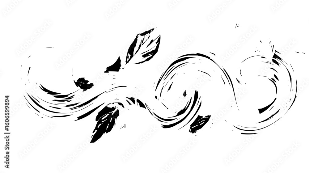 Aufkleber artistic black and white swirl pattern with leaves and swirling lines creating a dynamic design elem