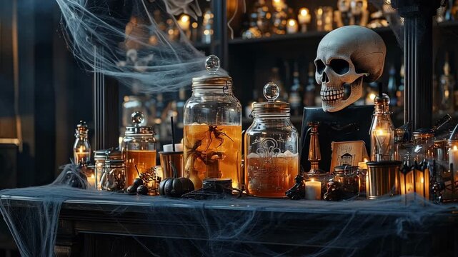 A Halloween bar with black cobwebs, spooky jar drinks, and skull decor .
