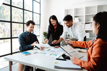 Business handshake concept. Illustration of business people working together. Successful deal after a good meeting. Brainstorming of young modern group. Team meeting to achieve goal. Business people