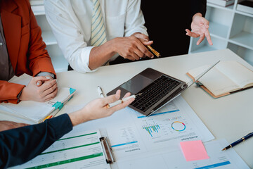 Business handshake concept. Illustration of business people working together. Successful deal after a good meeting. Brainstorming of young modern group. Team meeting to achieve goal. Business people