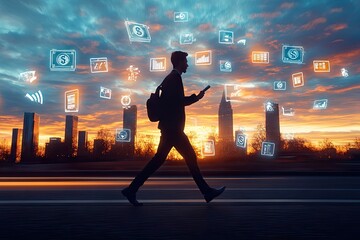 A silhouetted businessman walks at sunset, smartphone in hand, amidst a cityscape and glowing digital financial icons
