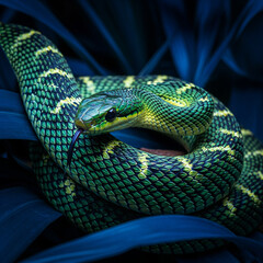 Fototapeta premium snake on a branch. close up of a snake. Striking snake coiled with tongue out in dark blue foliage.