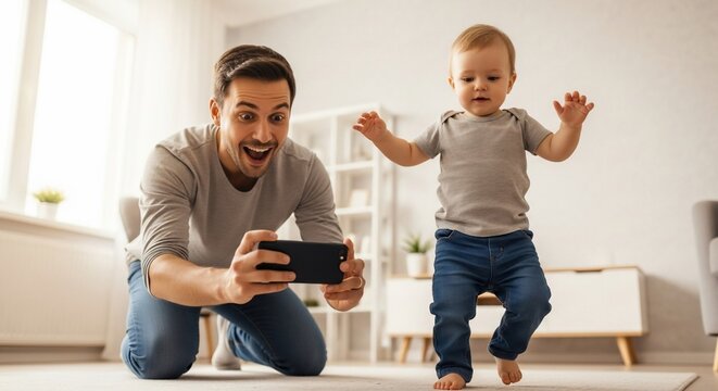 Father records baby's first steps with smartphone in home.
