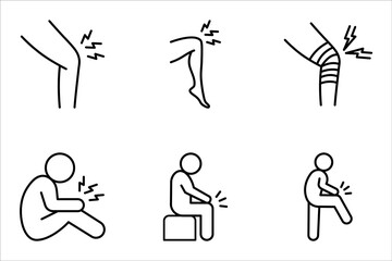 Pain in knee line icon set. Legs with joint pain, osteoporosis, knee injury. Body aches concept. vector illustration on white background