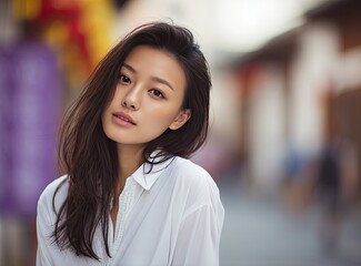 Obraz premium A Young Woman's Grace: A serene portrait of a young woman with long, dark hair, dressed in a pristine white shirt, emanating a captivating aura. The background subtly blurs.