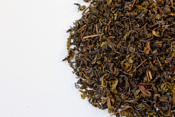 Close-up of dried oolong tea leaves