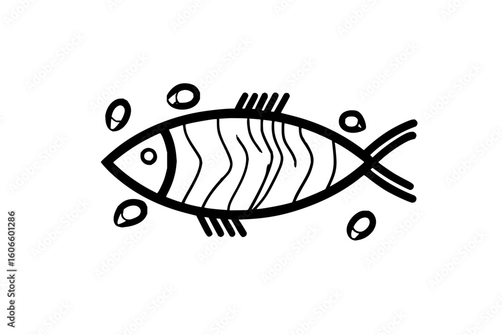 Poster stylized drawing of a fish with wavy lines inside its body and small circles around it in black and 