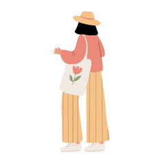 Illustration of a woman in a sunhat and cardigan talking, wearing a yellow striped trousers. Flat vector illustration.