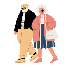 Illustration of an elderly couple walking together, wearing glasses and warm-toned outfits with relaxed expressions. Flat vector illustration.