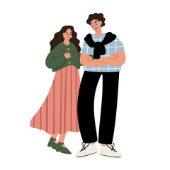 Illustration of a young couple standing close together, man and woman smiling in casual clothes. Flat vector illustration.