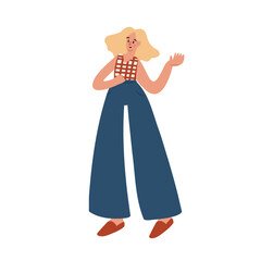Illustration of a woman with blonde hair wearing red checkered top and wide-leg navy pants with one hand raised. Flat vector illustration.