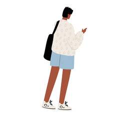  Illustration of a young man in white sweatshirt and shorts with backpack. Flat vector illustration.