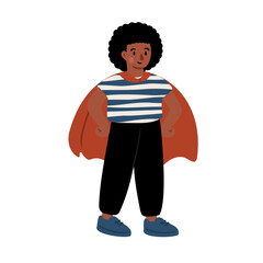 Illustration of a small black boy wearing striped shirt and jacket standing casually. Flat vector illustration.