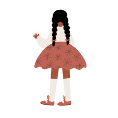 Illustration of a little black girl with braids wearing pink dress, seen from the back. Flat vector illustration.