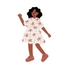 Illustration of a small black girl in a white floral dress and red shoes, standing cheerfully. Flat vector illustration.