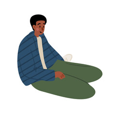 Illustration of a young black man in blue hoodie and green pants sitting casually on the ground. Flat vector illustration.