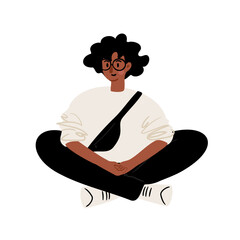 Illustration of a young black man with glasses and curly hair sitting cross-legged. Flat vector illustration.