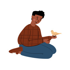 Illustration of a small black boy in checkered shirt sitting and holding a yellow bird. Flat vector illustration.