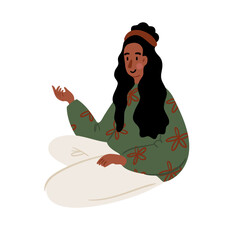 Illustration of a young black woman with long hair wearing green sweater and light pants sitting casually. Flat vector illustration.