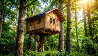 Wooden treehouse nestled in a lush forest