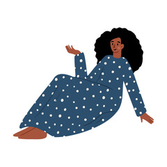 Illustration of a young black woman in a blue polka dot dress sitting on the floor. Flat vector illustration.