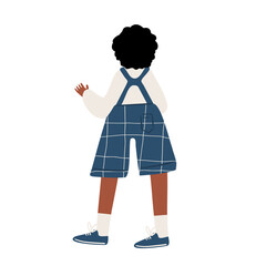 Illustration of a small black boy in denim overalls standing with his back turned. Flat vector illustration.