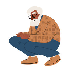 Illustration of an elderly black man with white hair and beard crouching calmly. Flat vector illustration.