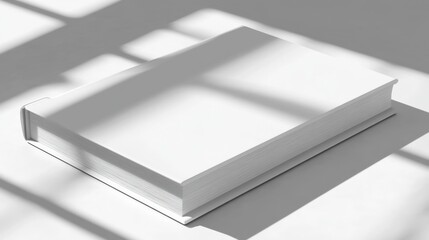 A thick, blank, white hardcover book rests on a light surface, bathed in stark, patterned sunlight casting shadows