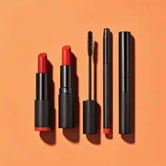 Three tubes of coral-red lipstick, mascara, and eyeliner on an orange background