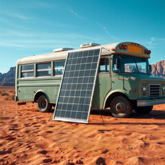 Off-grid desert living. A converted school bus camper with a solar panel parked in a vast desert.