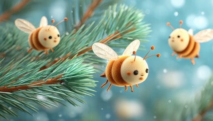 Cute cartoon bees on winter branches