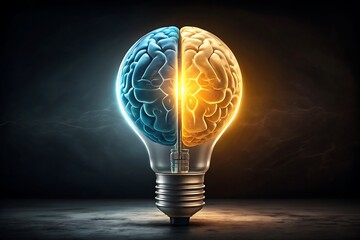 Illuminated Brain: Abstract 3D Render of a Glowing Lightbulb with a Divided Brain Inside, Symbolizing Ideas and Innovation.