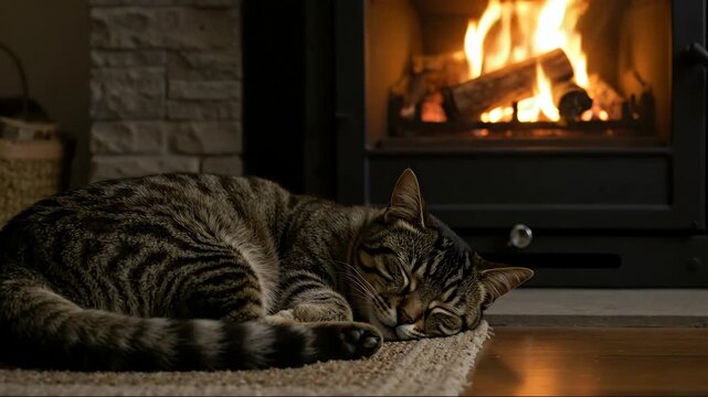 Tabby cat sleeping peacefully in front of cozy fireplace with warm fire. Domestic pet lifestyle. Comfort, relaxation and winter season concept for banner